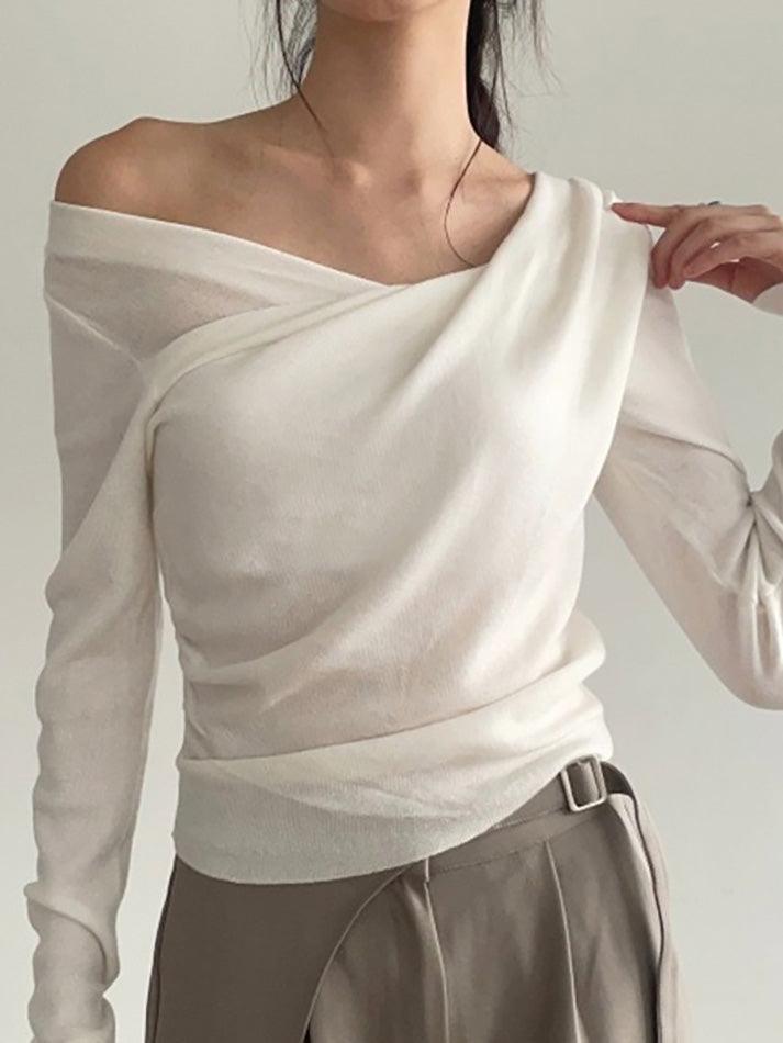 Off-Shoulder Asymmetrical Ruched Solid Long Sleeve Top