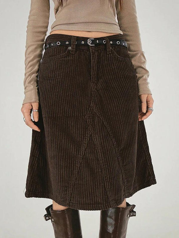 Vintage Brown Corduroy High Rise A-line Midi Skirt - AnotherChill