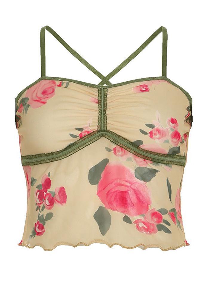 Floral Print Mesh Ruffle Trim Cami Top