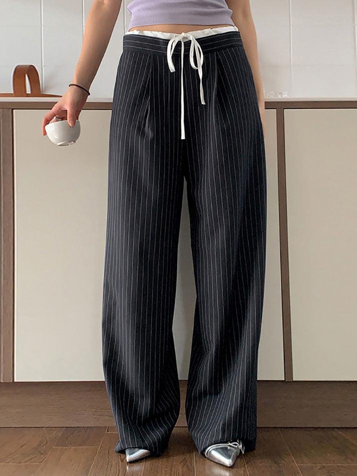 Patchwork Stripe Contrast Color Wide Leg Pants - AnotherChill