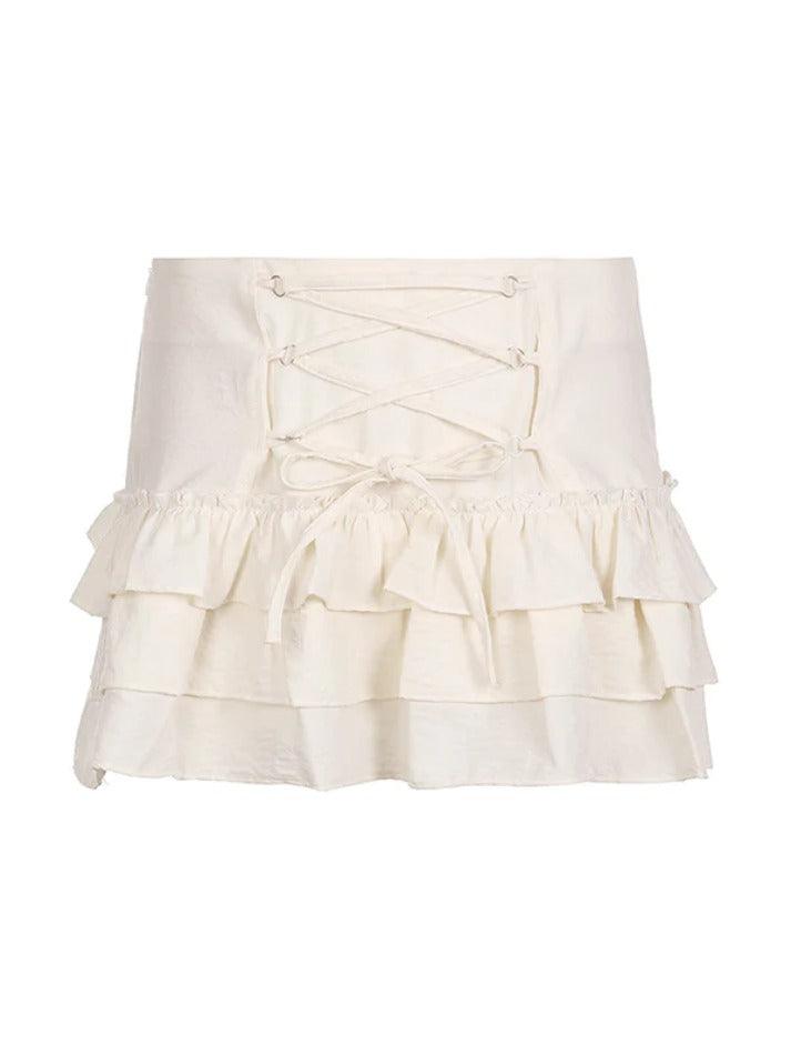 Crossover Tie Up Ruffle Hem Splice Tiered Mini Skirt - AnotherChill