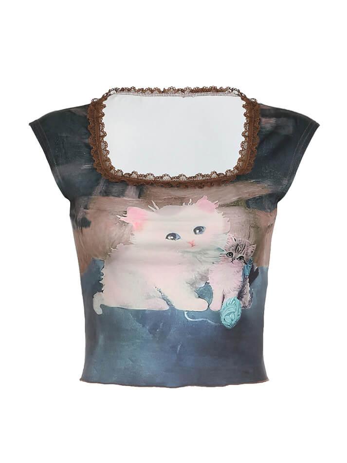 Cat Printed Lace Patchwork Top - AnotherChill