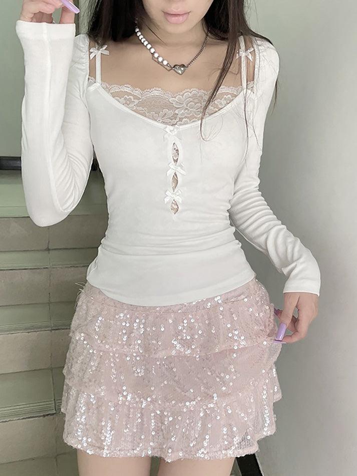 Lace Bow Hollow Long Sleeve Knit Top