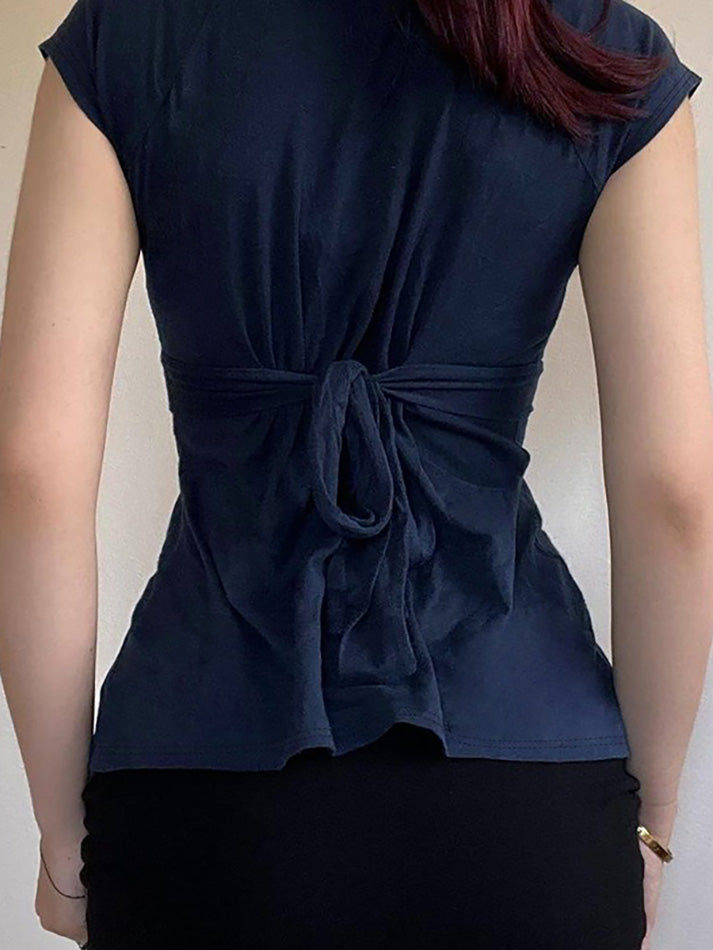 Tie-Back Bow V-Neck Short Sleeve Top