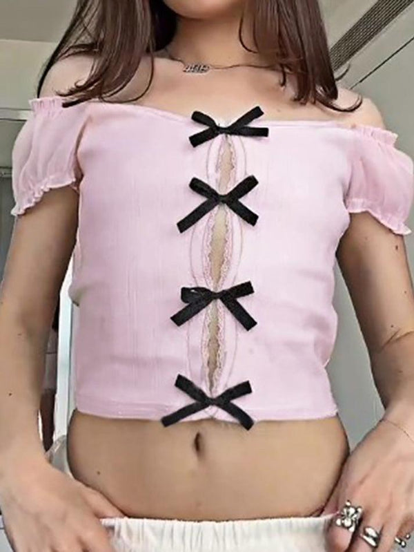 Kawaii Sweet Cute Bow Hollow Out Top - AnotherChill