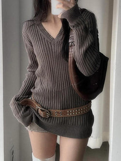 Vintage V-Neck Striped Long Sleeve Sweater