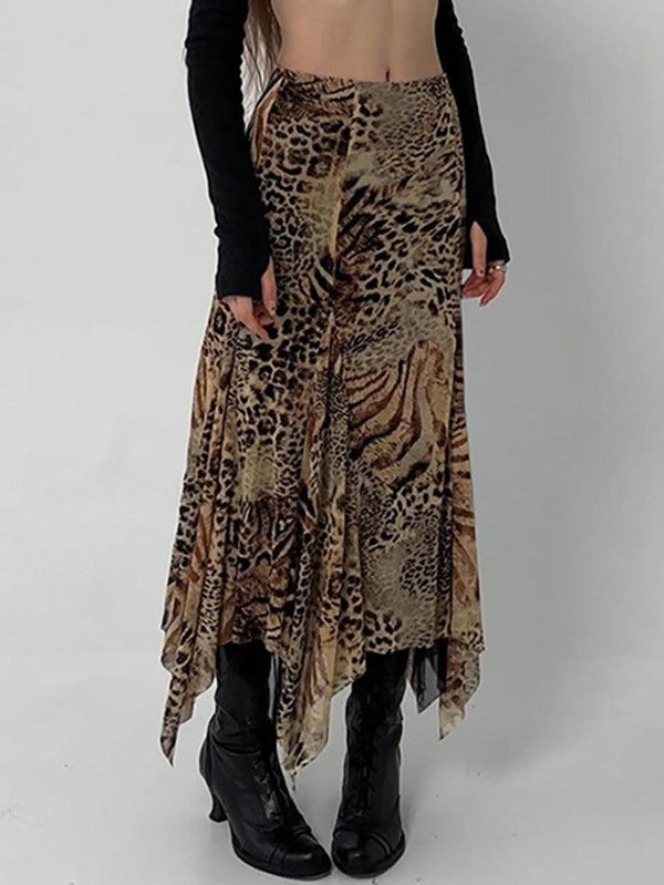 Vintage Leopard Print Asymmetrical Hem Midi Skirt