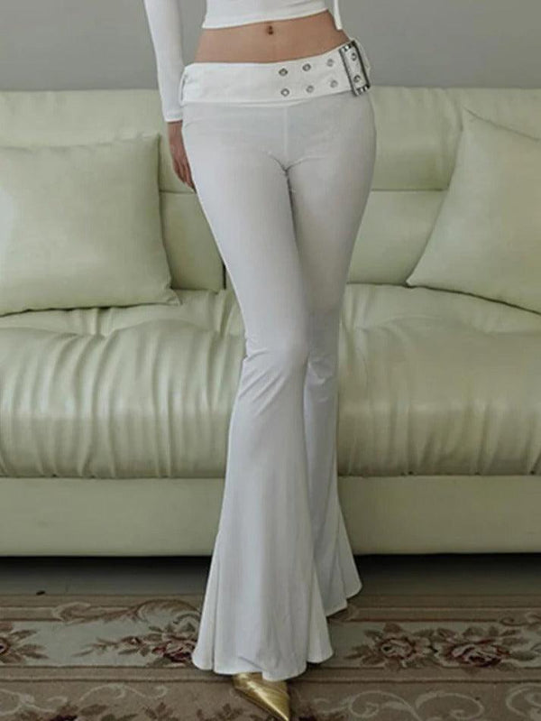 Solid Buckle Detail Flare Leg Pants