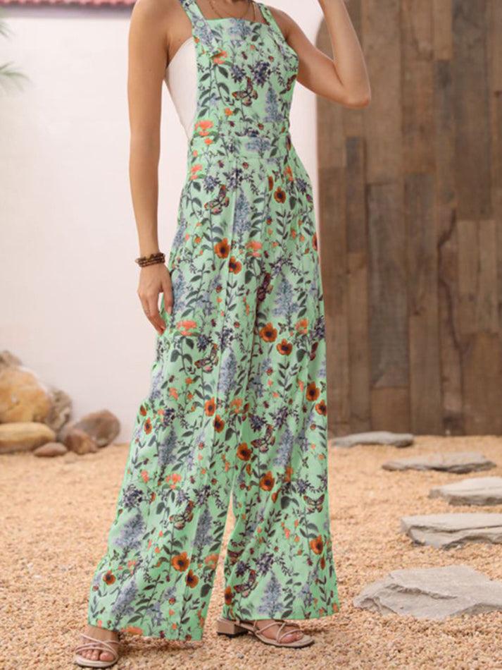 Floral Print Wide Leg Overall Jumpsuit - AnotherChill