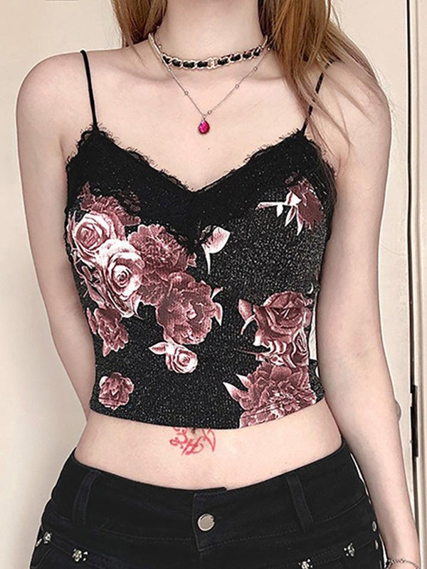 Black Lace Rose Print V-Neck Cami Top