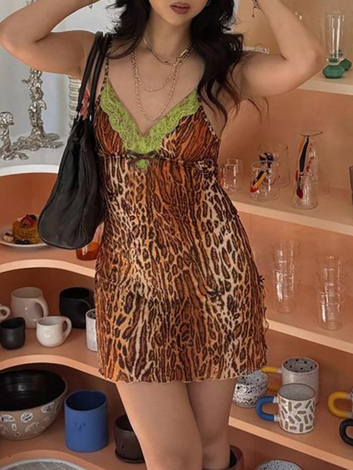 V-neck Leopard Print Halter Mini Dress