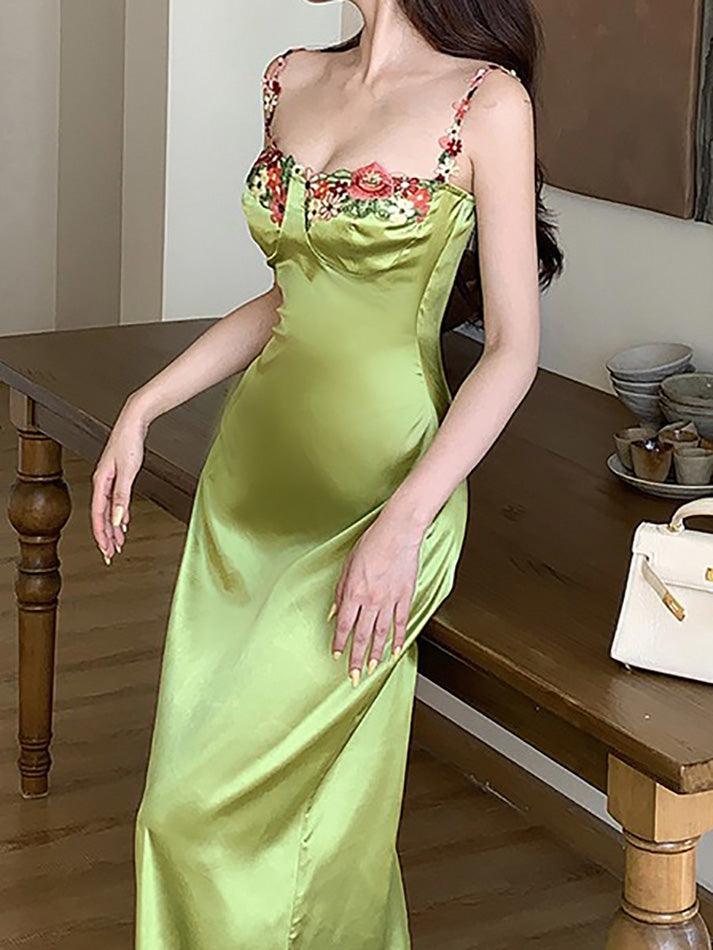 Sexy Spaghetti Strap Floral Satin Maxi Dress - AnotherChill