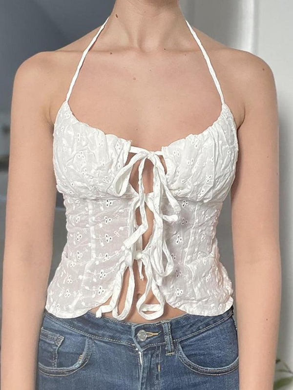 Halter Floral Embroidered Tie-Front Crop Camisole Top - AnotherChill