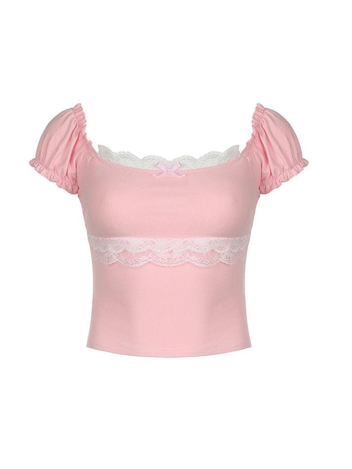 Puff-Sleeve Lace Trim Crop Top - AnotherChill