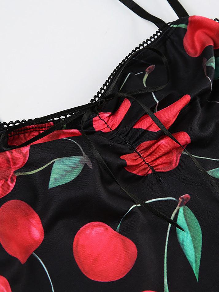 Red Cherry Print Stretch Calf-length Corset Dress - AnotherChill