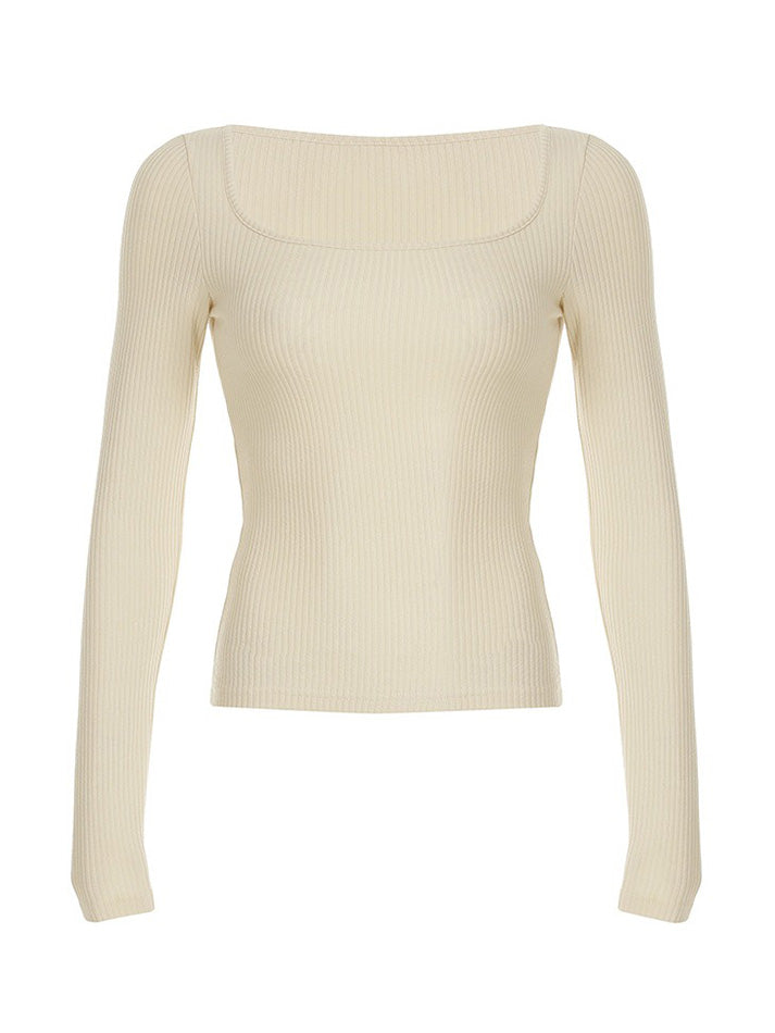 Solid Color Square Neck Ribbed Long Sleeve Top