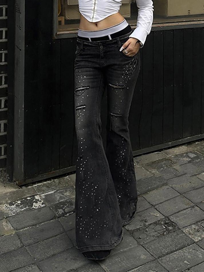 Rhinestone Ripped Low-Rise Flared Jeans