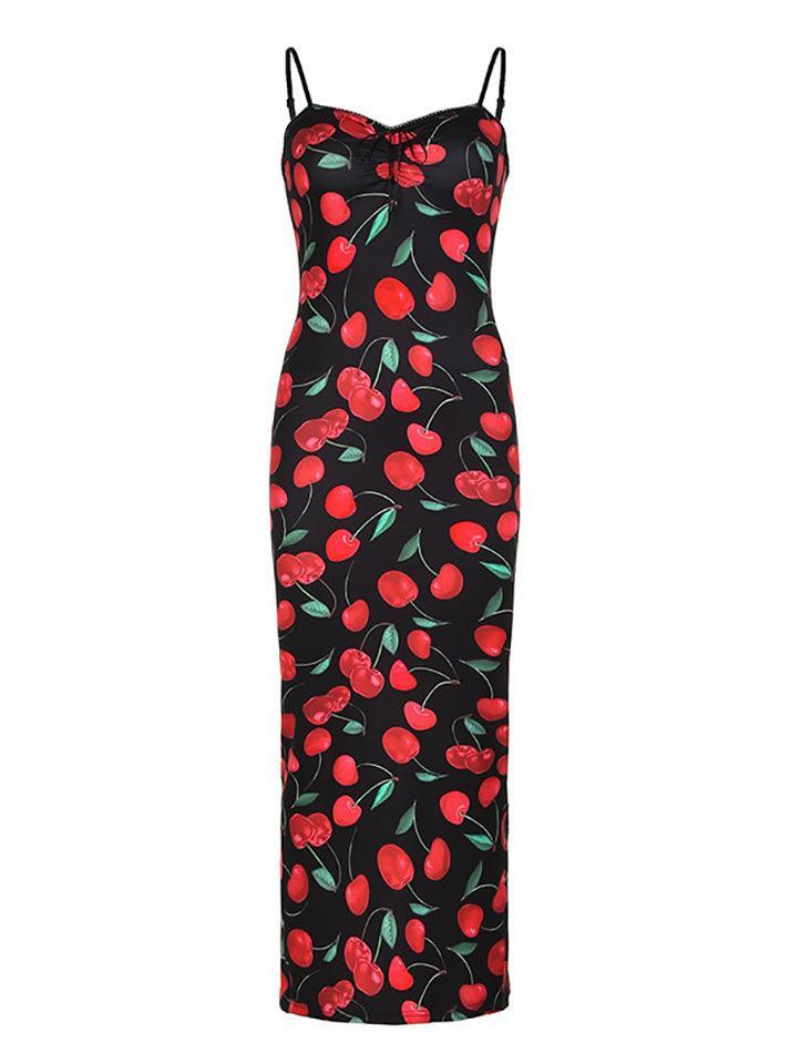 Red Cherry Print Stretch Calf-length Corset Dress - AnotherChill