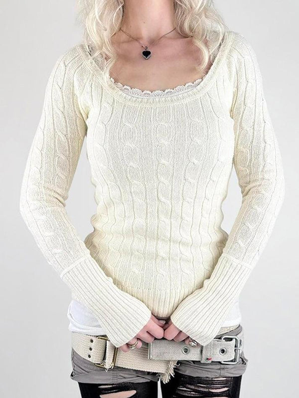 Solid Color Crew Neck Cable Knit Sweater