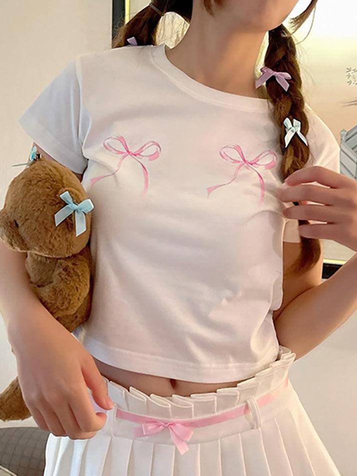 Short-Sleeve Crew Neck Bow Print Crop T-Shirt - AnotherChill