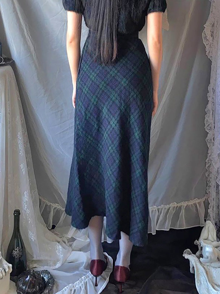 Vintage Plaid High-Waisted Midi Skirt