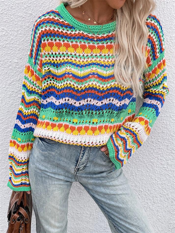 Rainbow Stripe Crochet Knit Sweater - AnotherChill