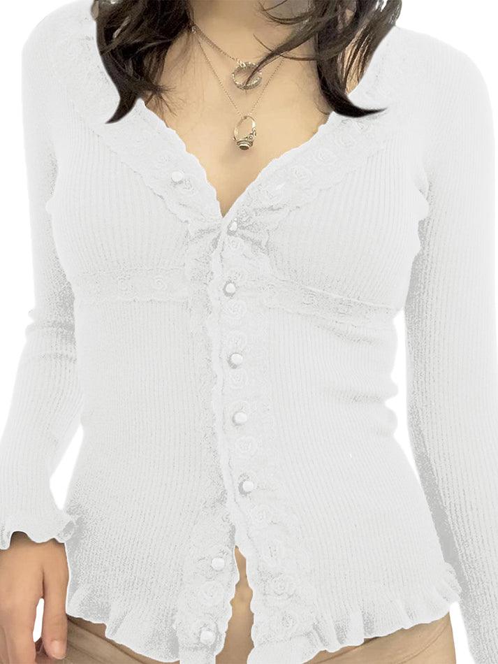 Front Buttons Lace Panel Knit Top - AnotherChill