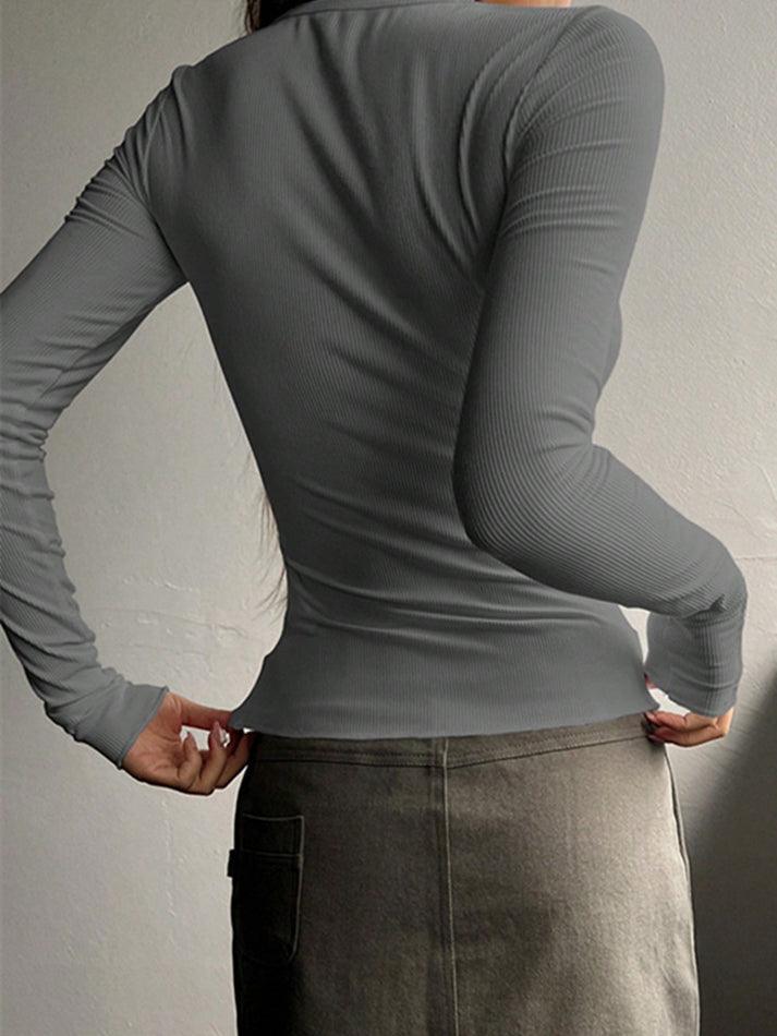 Solid Color Breasted V Neck Slim Long Sleeve Knit - AnotherChill