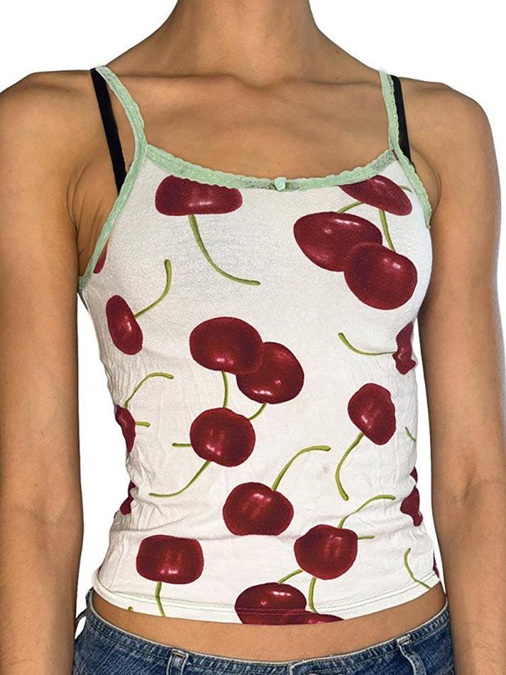 Lace Trim Cherry Print Contrast Tank Top