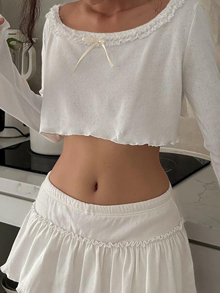 White Lace Trim Bow Long Sleeve Crop Top