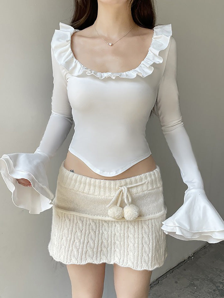 Ruffled Flared Long Sleeve Y2K Crop Top