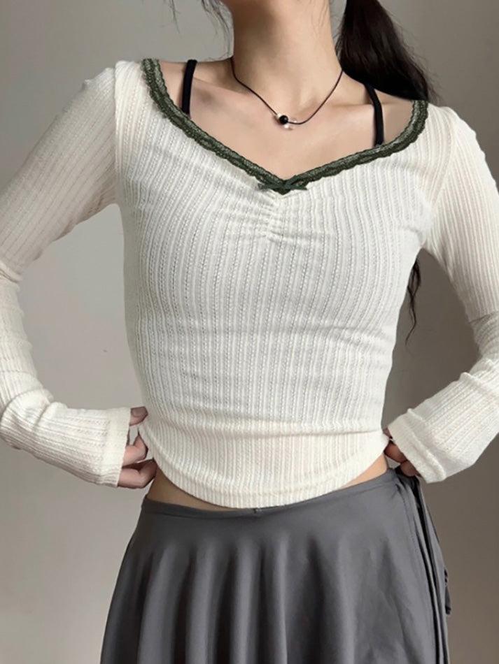 Lace Patchwork Bow Contrast Ribbed Top