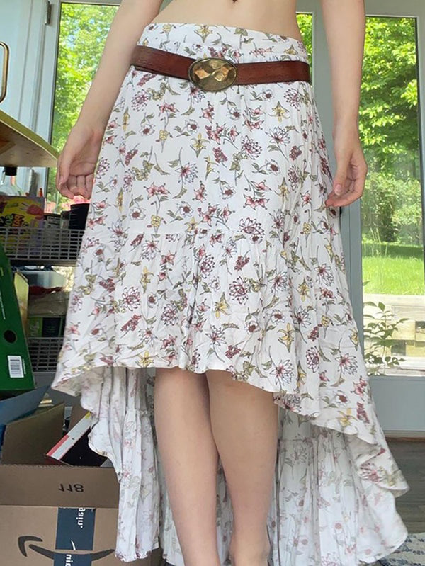 Vintage Floral Low Waist Asymmetrical Midi Skirt