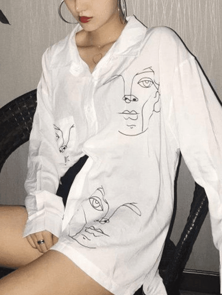 Abstract Face Print Long Sleeve Blouse AnotherChill