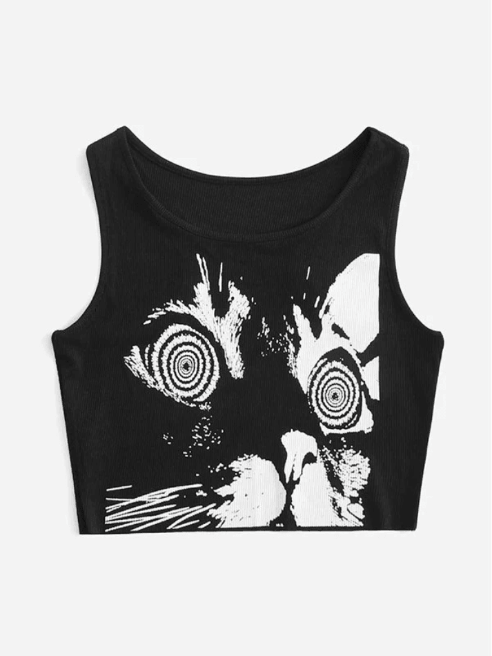 Abstract Print Black Ribbed Cropped Tank Top - AnotherChill