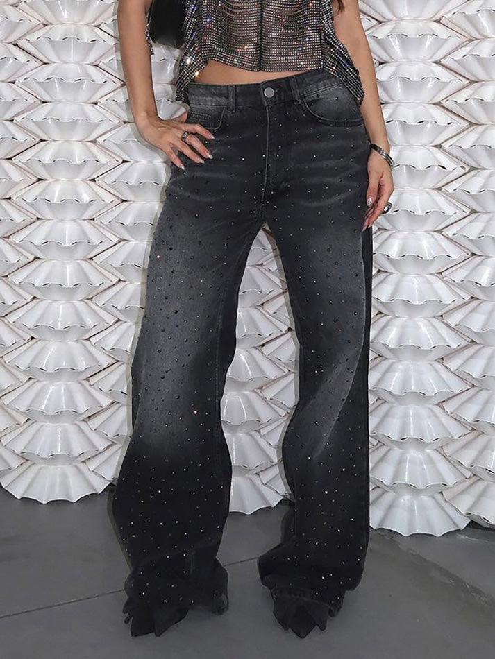 Vintage Rhinestone Low-Rise Loose Jeans