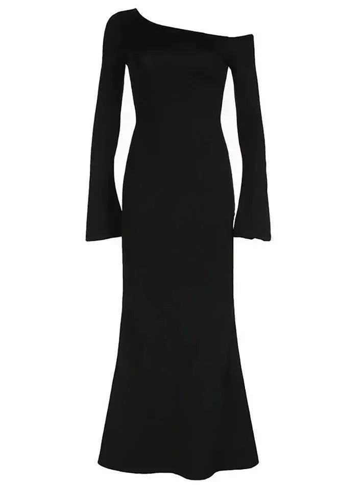 Asymmetrical Neck Solid Color Bell Sleeve Maxi Dress - AnotherChill