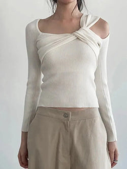 Asymmetrical Twist Off-Shoulder Knit Top - AnotherChill