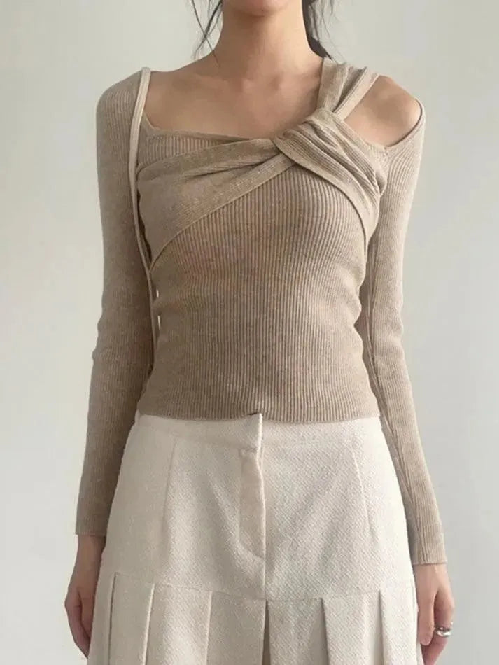 Asymmetrical Twist Off-Shoulder Knit Top - AnotherChill