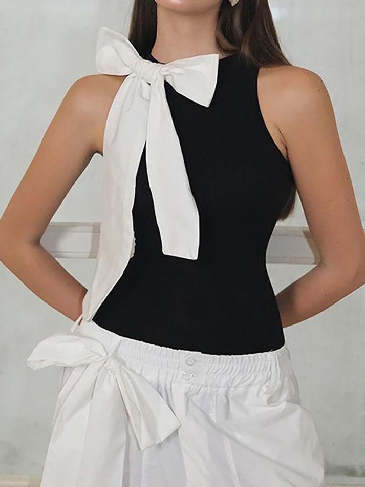 Sleeveless Crew Neck Bow Accent Bodysuit Top - AnotherChill