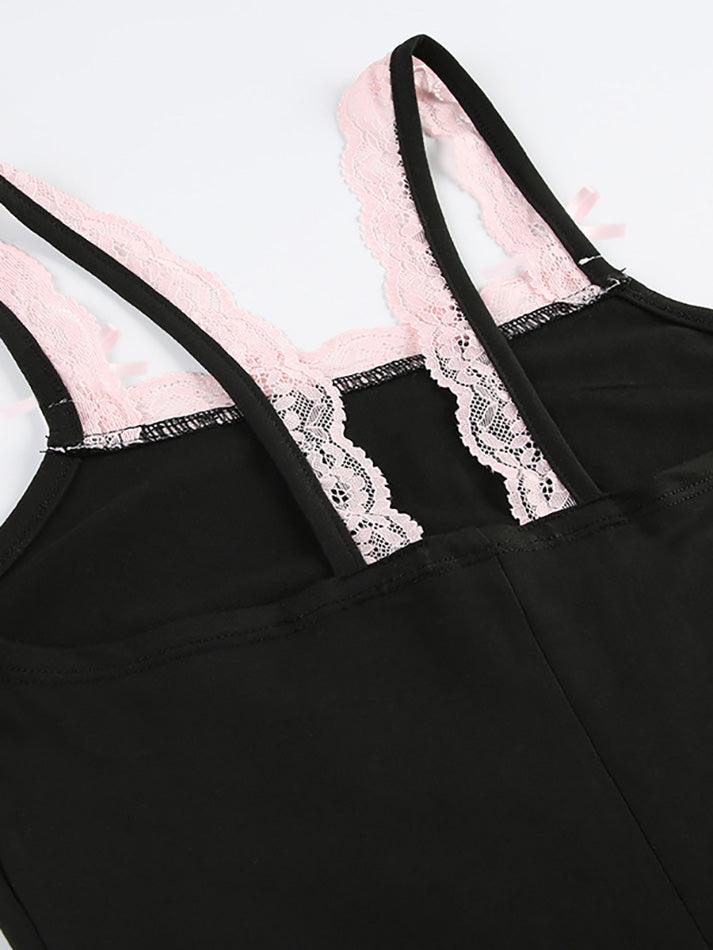 Spaghetti Strap Lace-Trim Plain Bodysuit Top - AnotherChill