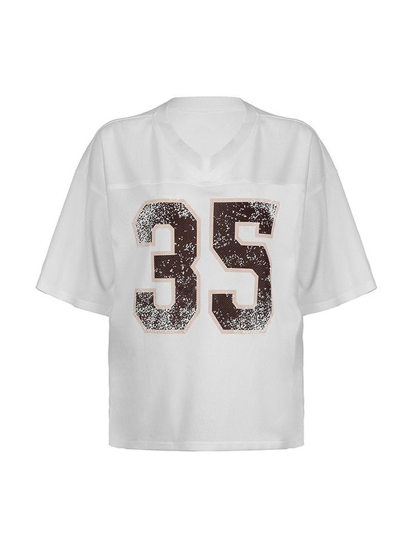 Short-Sleeve V-Neck Numbering Print Tee