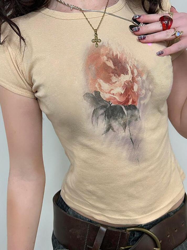 Short Sleeve Rose Print Slim-Fit Crop T-Shirt - AnotherChill