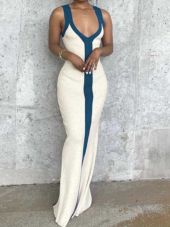 Colorblock V-neck Knit Split Maxi Dress - AnotherChill