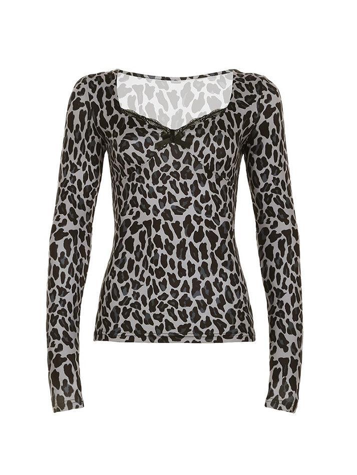 Lace Leopard Print V-Neck Fitted Long Sleeve Top