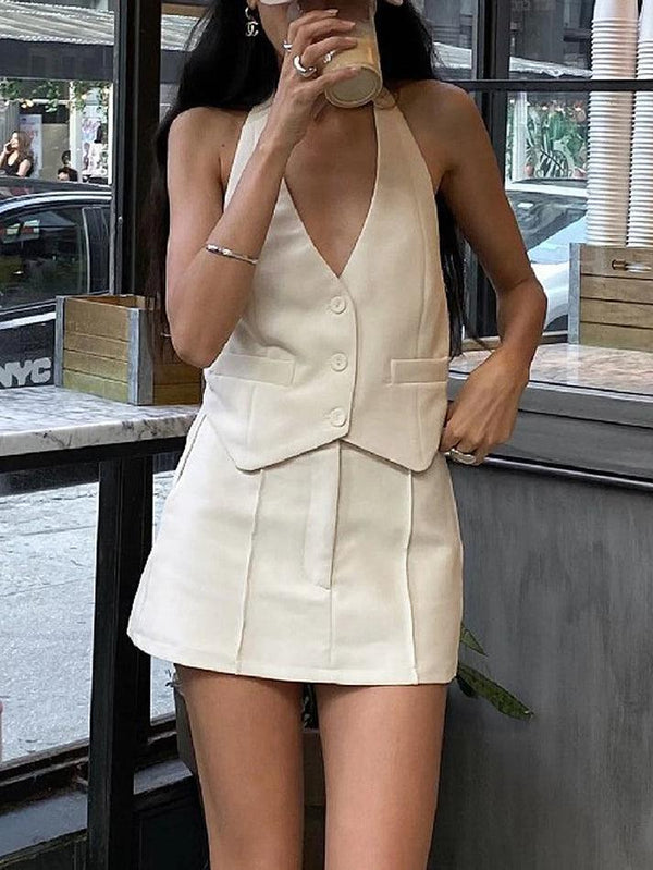 Button Front Halter Neck Backless Vest Blazer With Skirt Set - AnotherChill