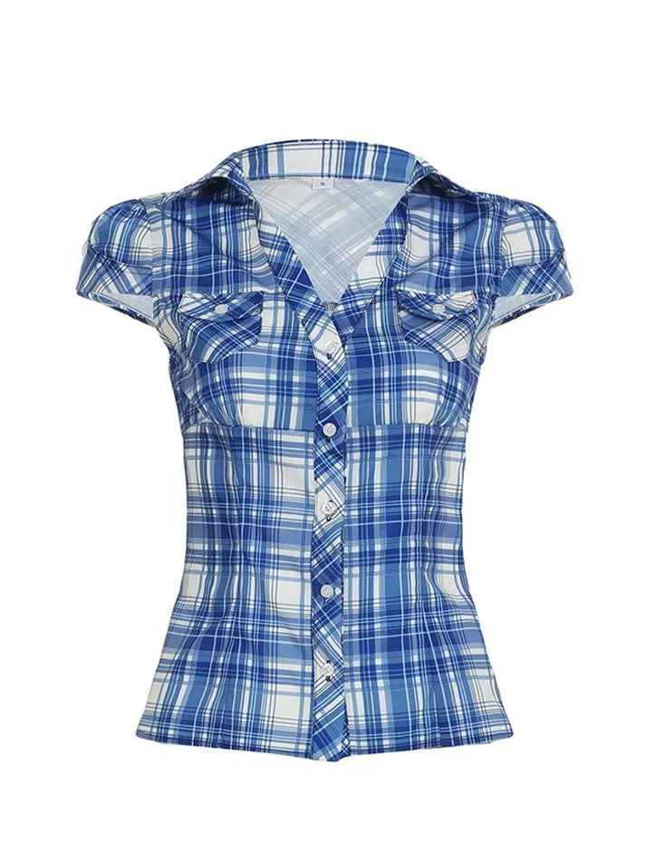 Vintage Plaid Button-Up Collared Short Sleeve Shirt