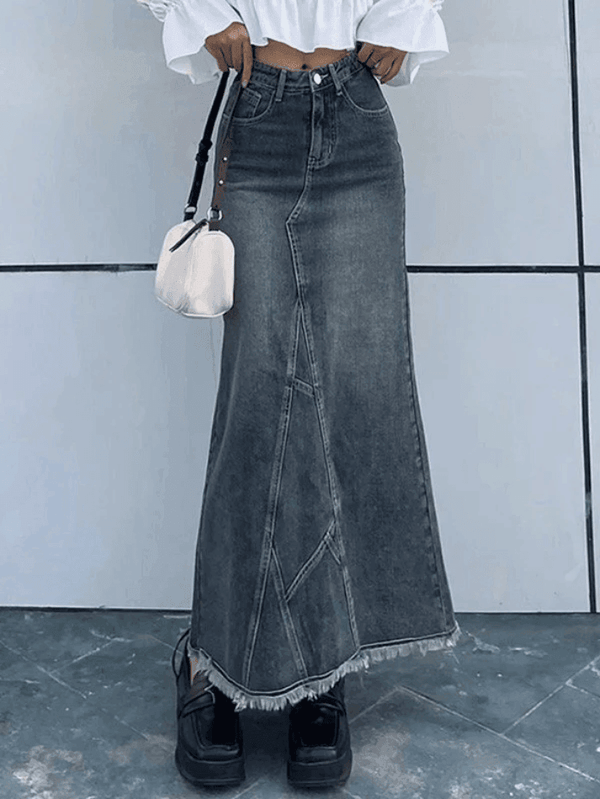 Back Slit Patchwork Long Denim Skirt - AnotherChill