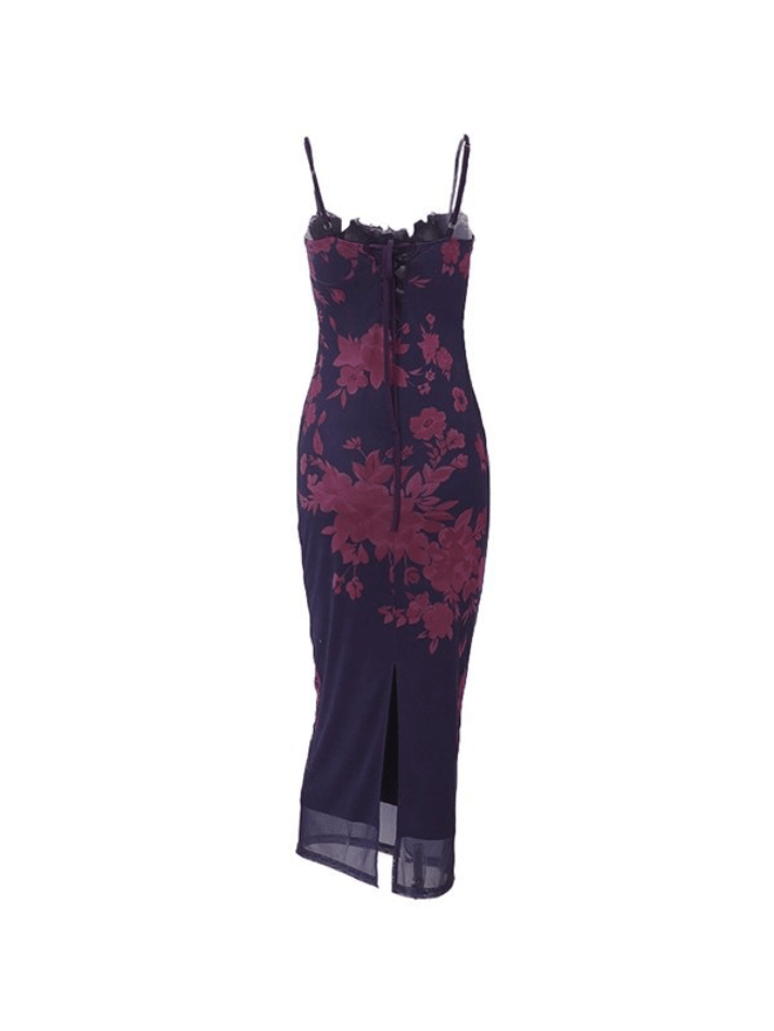 Backless Lace Trim Vintage Print Slit Maxi Dresses - AnotherChill