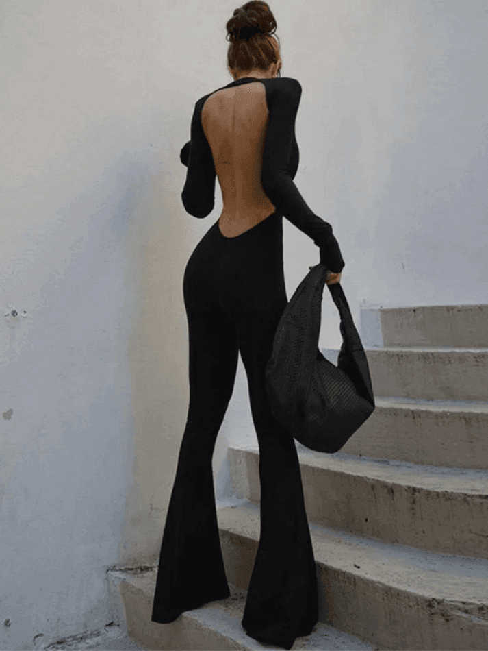 Backless Long Sleeve Flare Leg Jumpsuit - AnotherChill